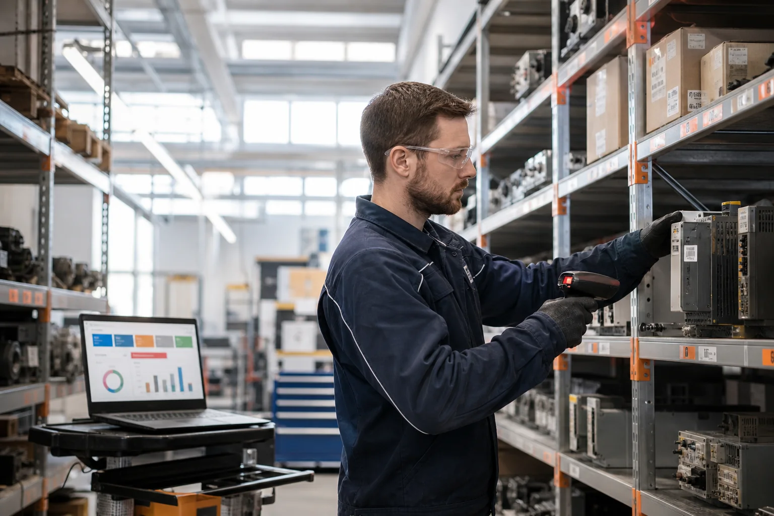 Specialist scant een legacy onderdeel in een technisch magazijn