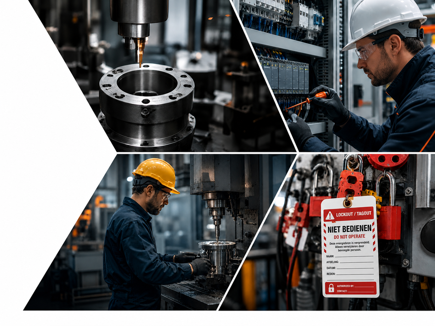 Collage van industriële onderdelen, onderhoud en LOTO-veiligheid